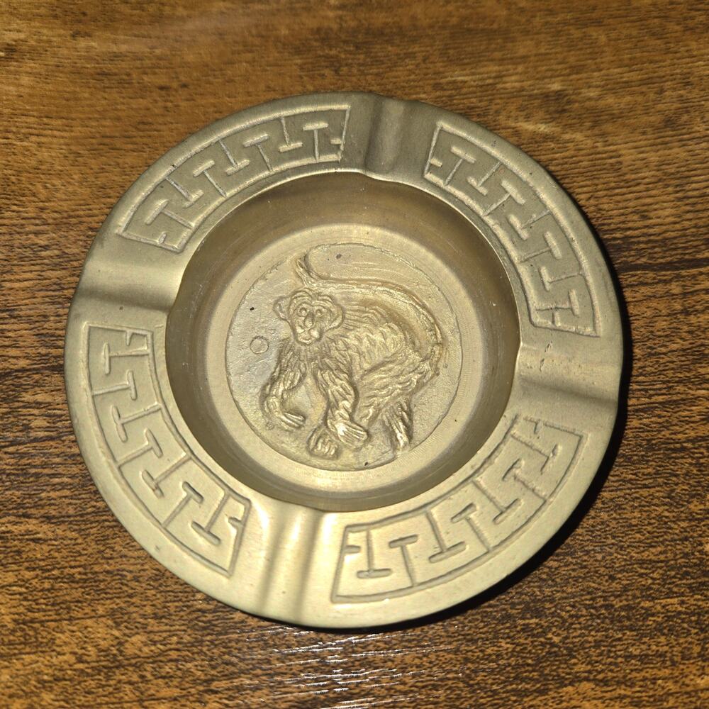 Vintage Brass Chinese Zodiac Monkey Ashtray Small Round Coin Trinket Dish